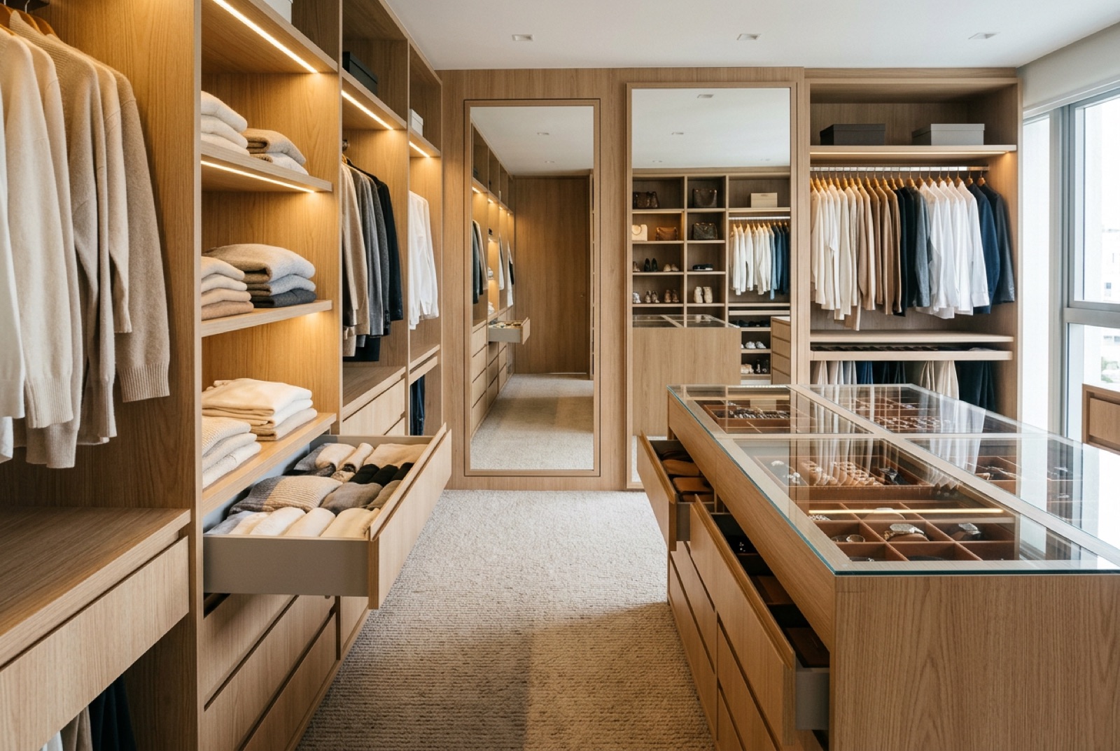 Closet planejado em carvalho com ilha de gavetas e tampo de vidro