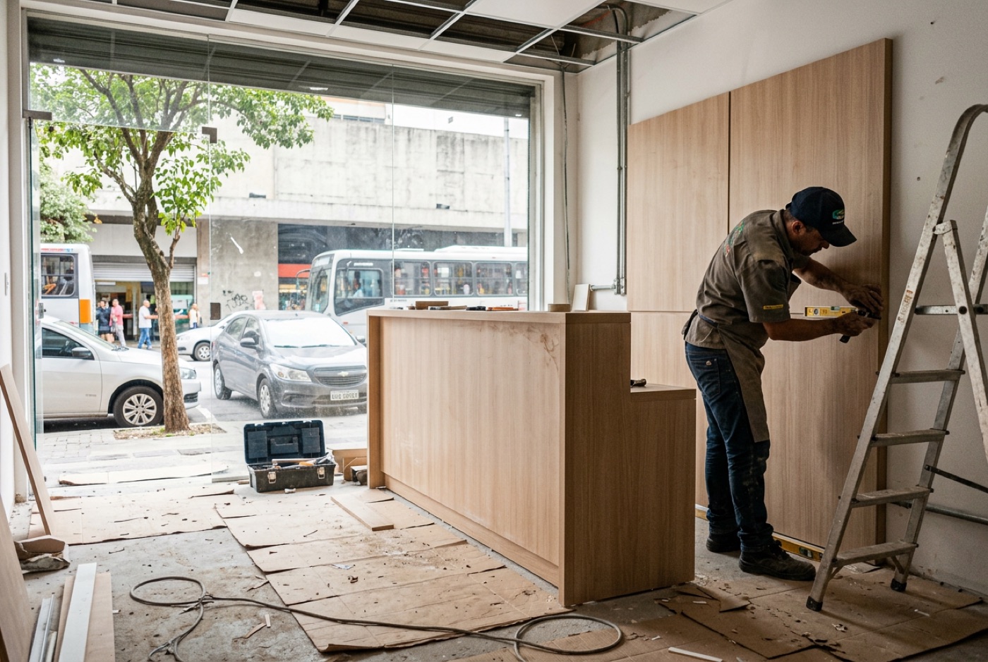 Loja em fase final de obra, com balcão em madeira sendo instalado