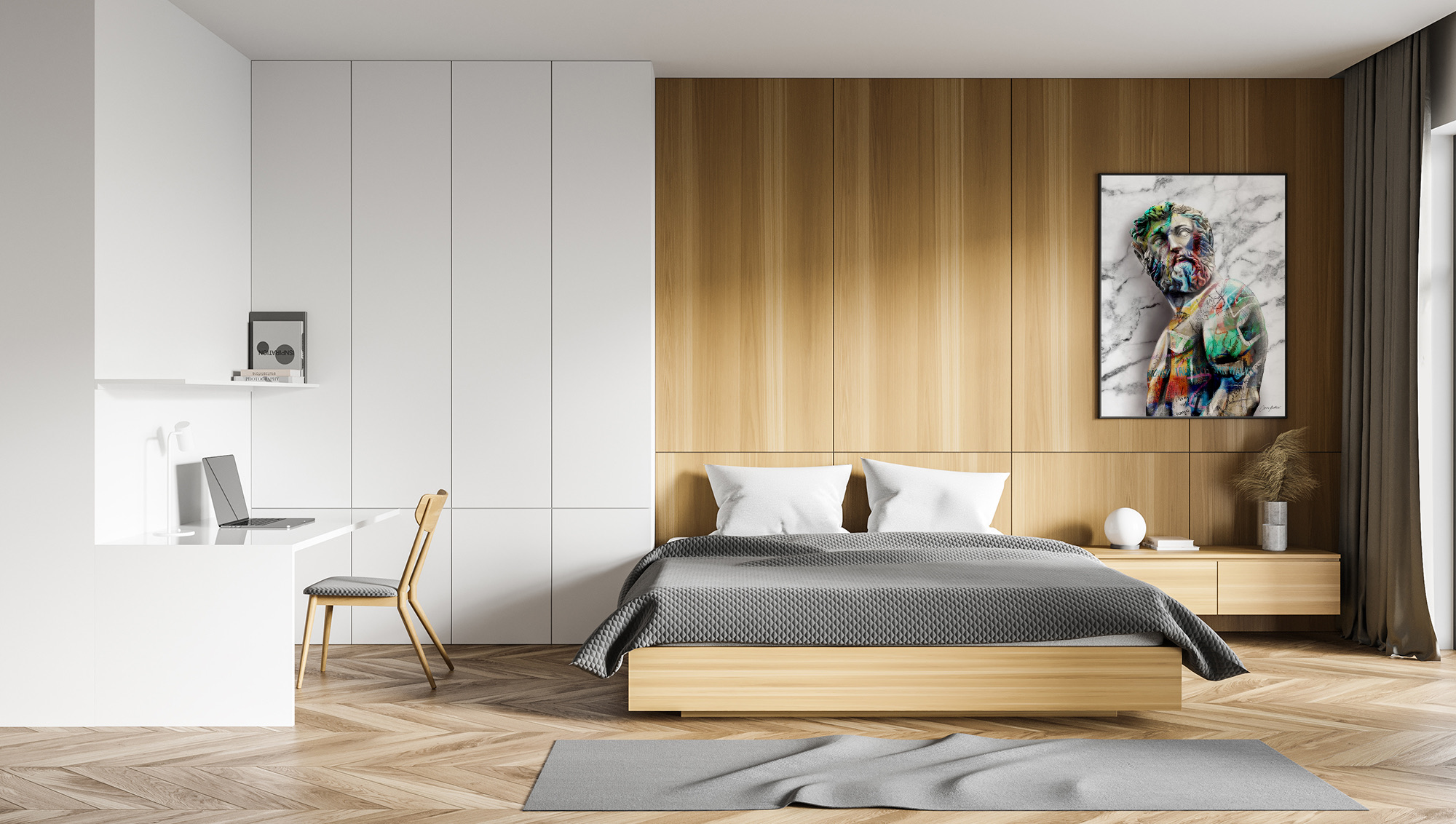Quarto com armários brancos, painel de madeira e home office