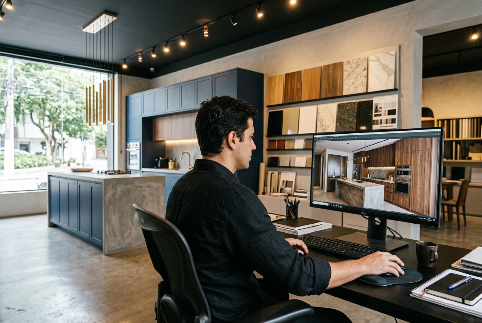 Designer da ID no showroom, trabalhando no projeto 3D de uma cozinha