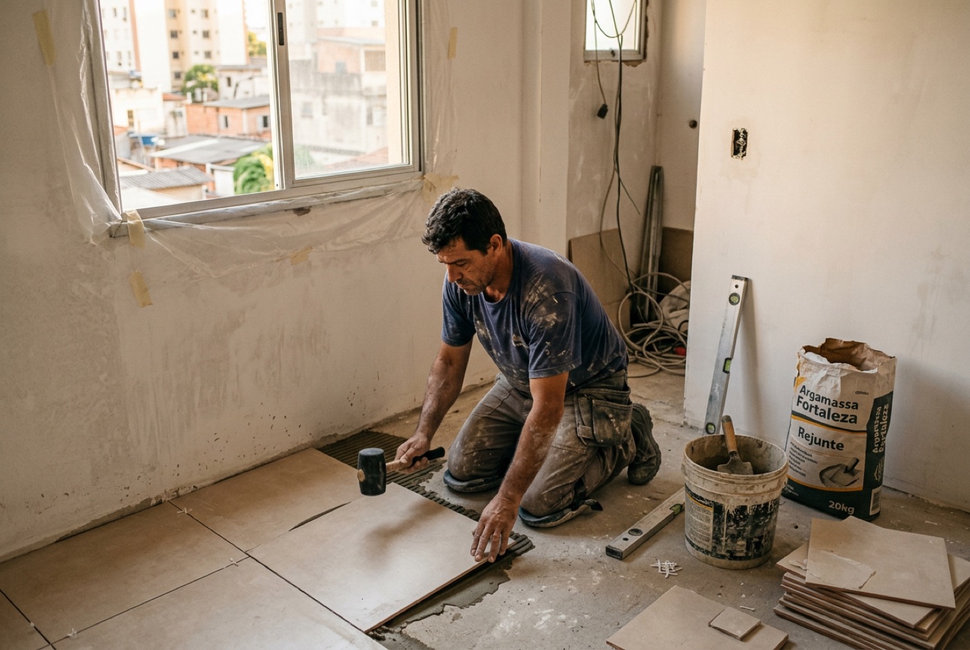 Profissional assentando piso em apartamento em reforma
